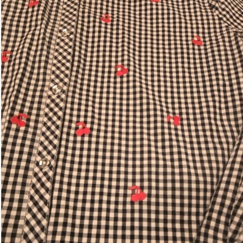 Rafaella Womens Black White Gingham Cherry Embroidered Button Down Shirt Large - Picture 2 of 4